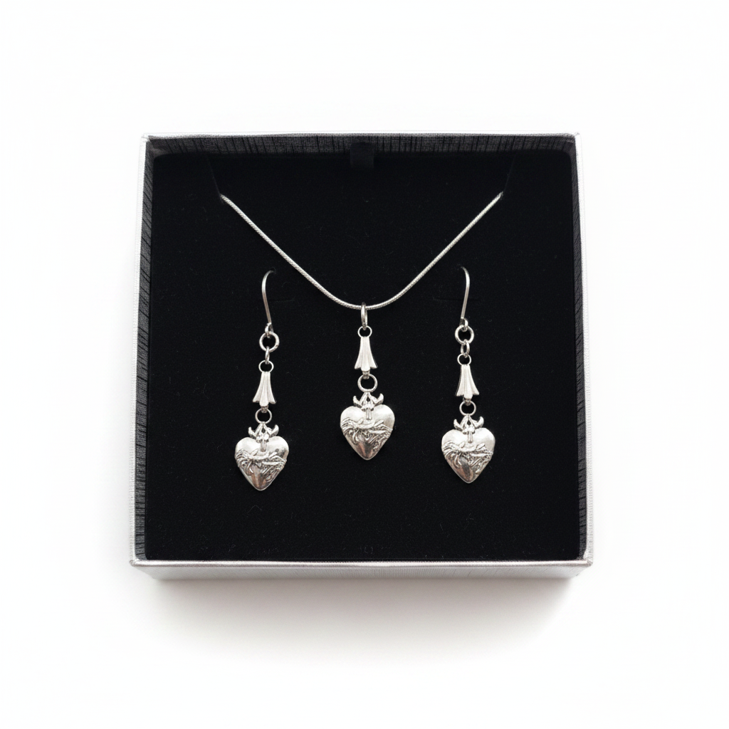 Sacred Heart Necklace and Earrings Set in Stainless Steel
