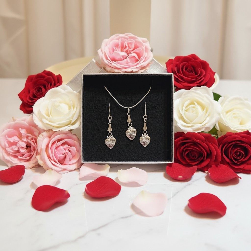 Sacred Heart Necklace and Earrings Set in Stainless Steel