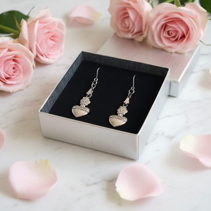 Sacred Heart of Jesus Necklace and Earrings Set in Stainless Steel