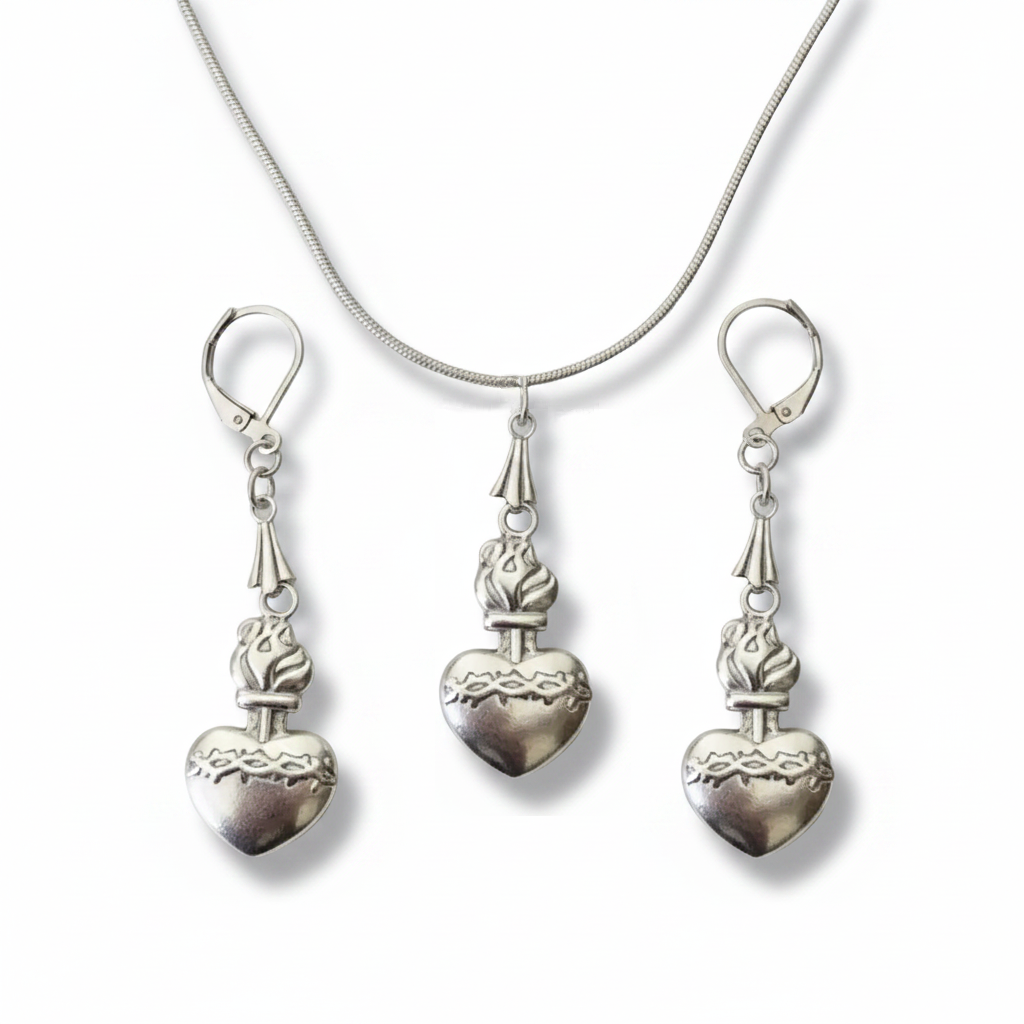 Sacred Heart of Jesus Necklace and Earrings Set in Stainless Steel