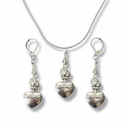 Sacred Heart of Jesus Necklace and Earrings Set in Stainless Steel