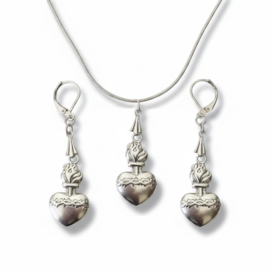 Sacred Heart of Jesus Necklace and Earrings Set in Stainless Steel