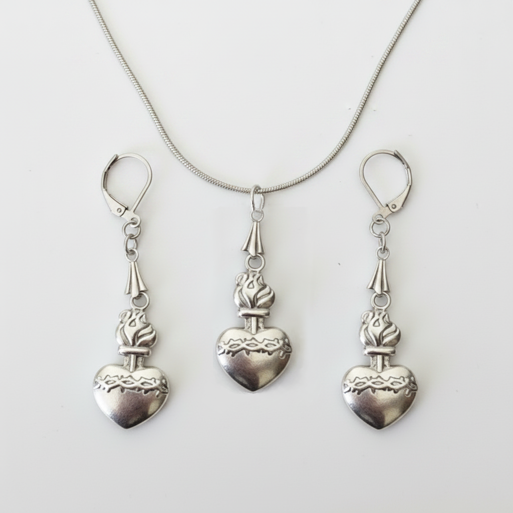 Sacred Heart of Jesus Necklace and Earrings Set in Stainless Steel