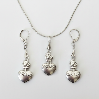 Sacred Heart of Jesus Necklace and Earrings Set in Stainless Steel
