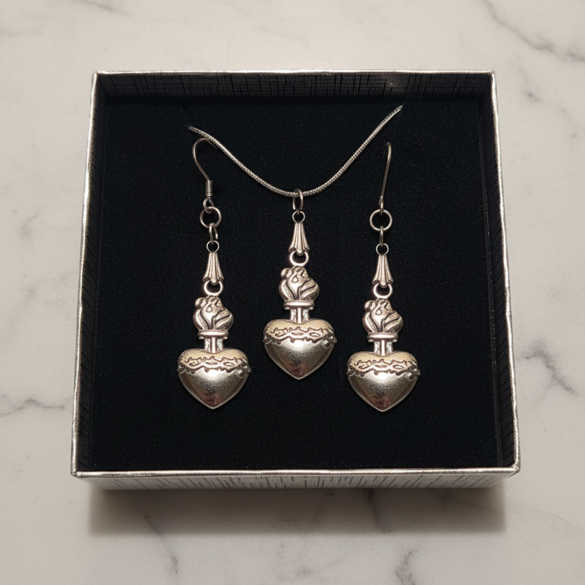 Sacred Heart of Jesus Necklace and Earrings Set in Stainless Steel