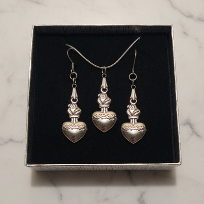 Sacred Heart of Jesus Necklace and Earrings Set in Stainless Steel
