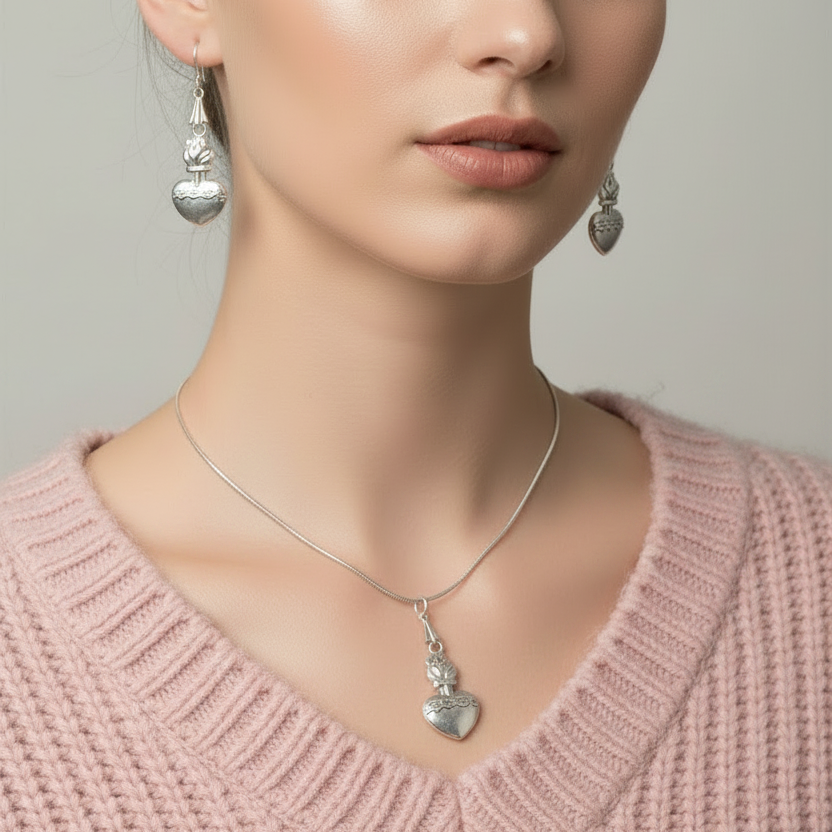 Sacred Heart of Jesus Necklace and Earrings Set in Stainless Steel