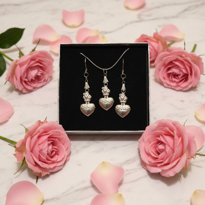 Sacred Heart of Jesus Necklace and Earrings Set in Stainless Steel