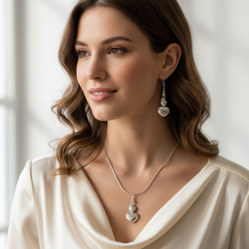 Sacred Heart of Jesus Necklace and Earrings Set in Stainless Steel