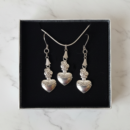 Sacred Heart of Jesus Necklace and Earrings Set in Stainless Steel