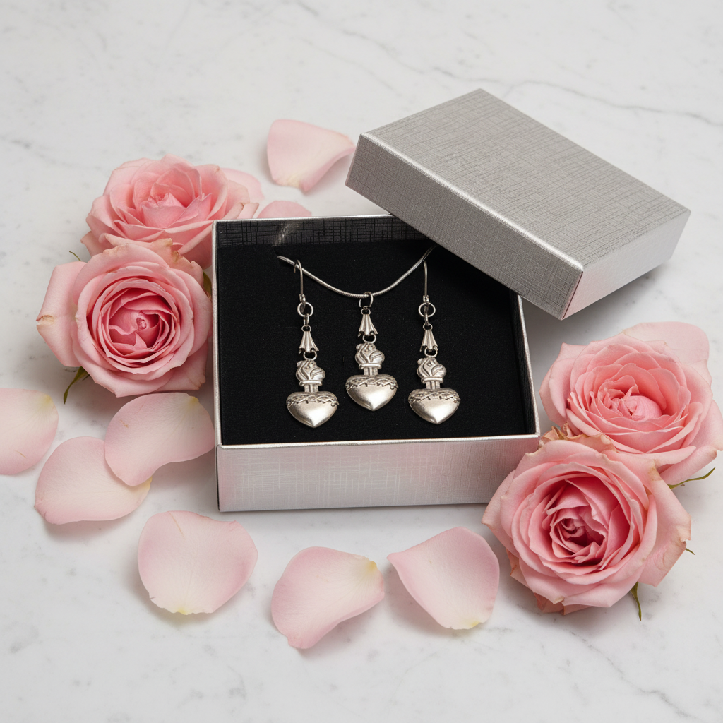 Sacred Heart of Jesus Necklace and Earrings Set in Stainless Steel