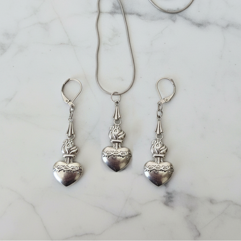 Sacred Heart of Jesus Necklace and Earrings Set in Stainless Steel