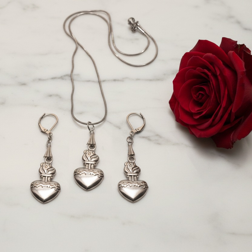 Sacred Heart of Jesus Necklace and Earrings Set in Stainless Steel