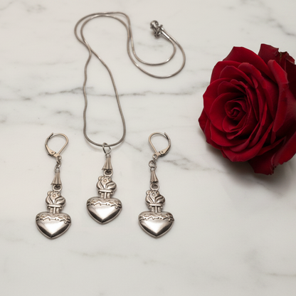 Sacred Heart of Jesus Necklace and Earrings Set in Stainless Steel
