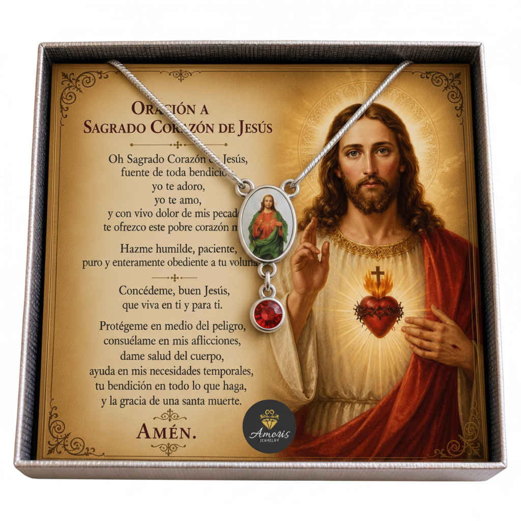 Sacred Heart of Jesus Birthstone Necklace with Prayer Card in ENGLISH or SPANISH