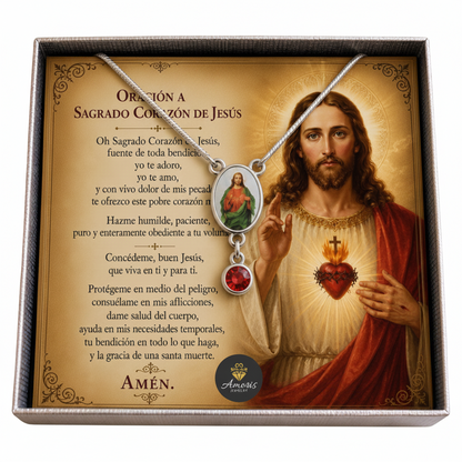 Sacred Heart of Jesus Birthstone Necklace with Prayer Card in ENGLISH or SPANISH