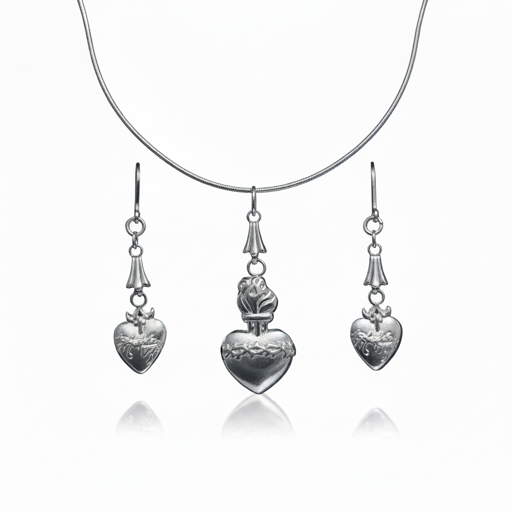 Sacred Heart of Jesus Stainless Steel Necklace and Earrings Set