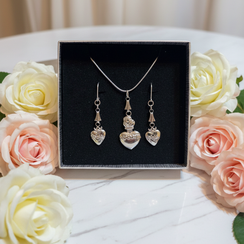 Sacred Heart of Jesus Stainless Steel Necklace and Earrings Set