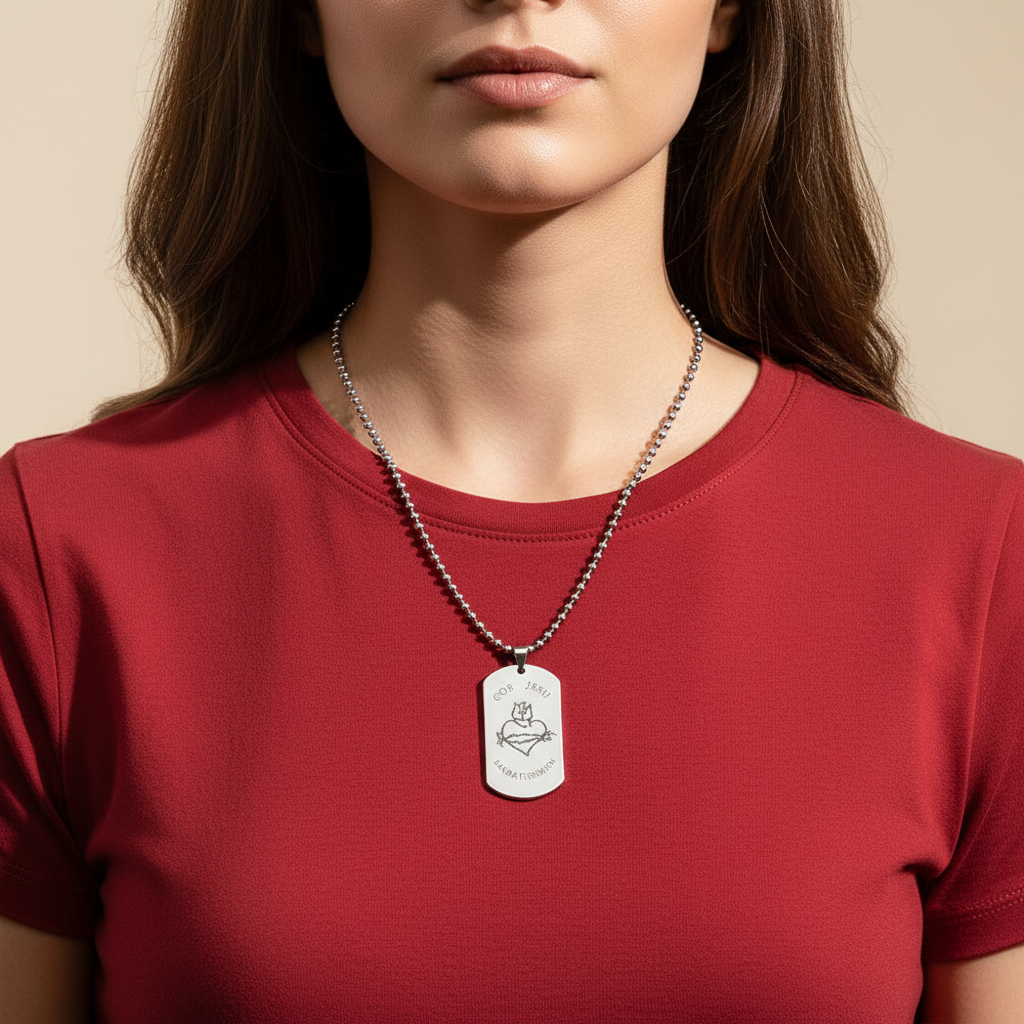 Most Sacred Heart of Jesus Tag Necklace with Personalized Engraving