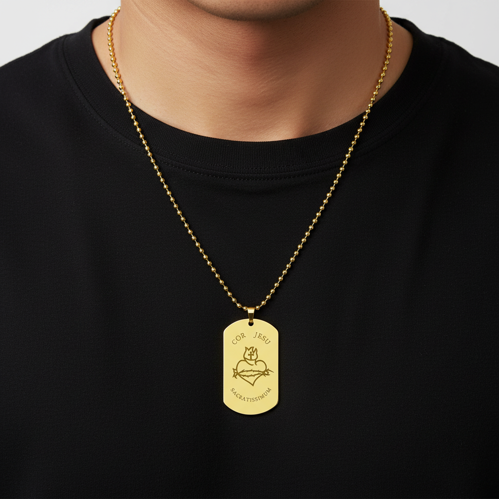 Most Sacred Heart of Jesus Tag Necklace with Personalized Engraving