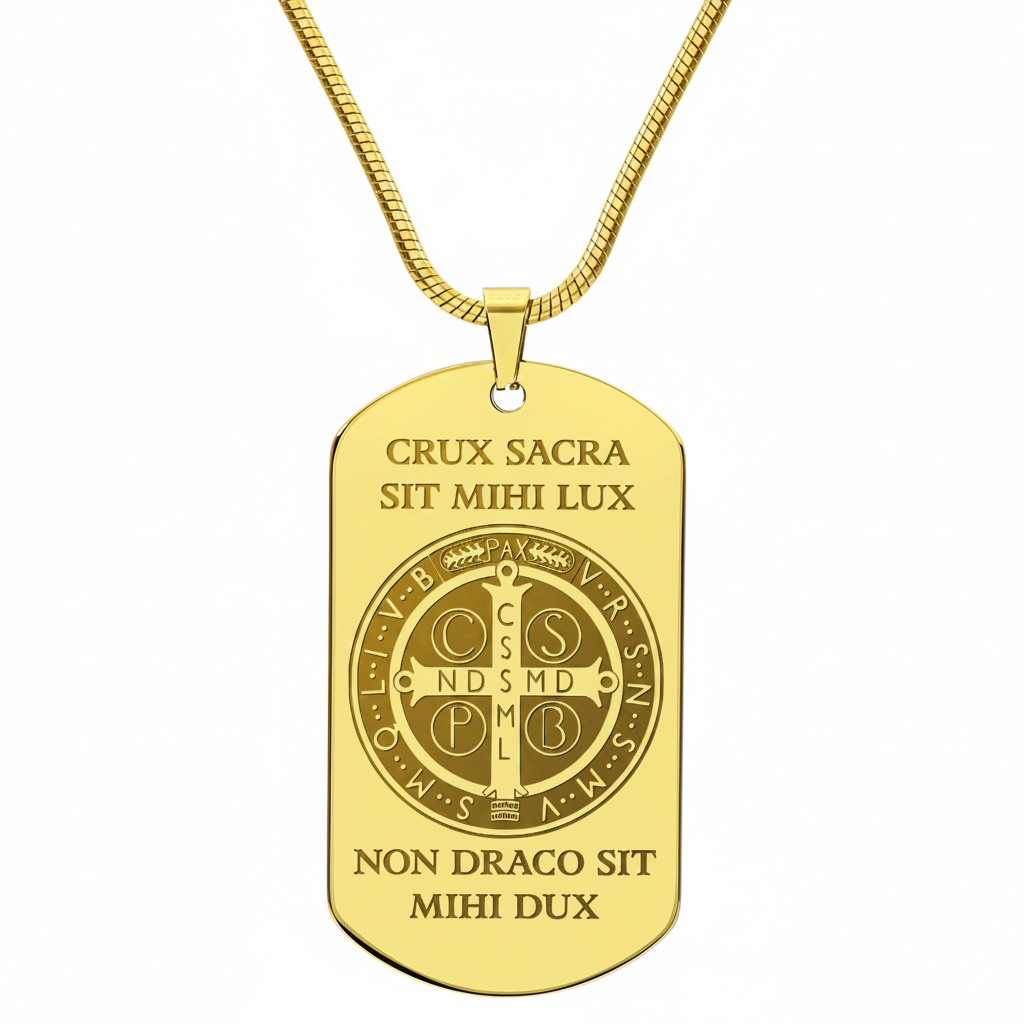 Saint Benedict Medal Tag Necklace with Personalized Custom Engraving