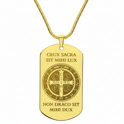 Saint Benedict Medal Tag Necklace with Personalized Custom Engraving