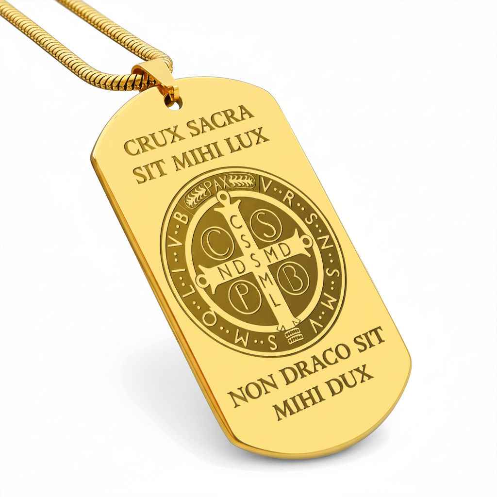 Saint Benedict Medal Tag Necklace with Personalized Custom Engraving