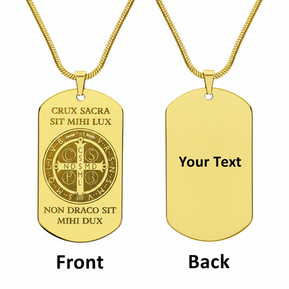 Saint Benedict Medal Tag Necklace with Personalized Custom Engraving