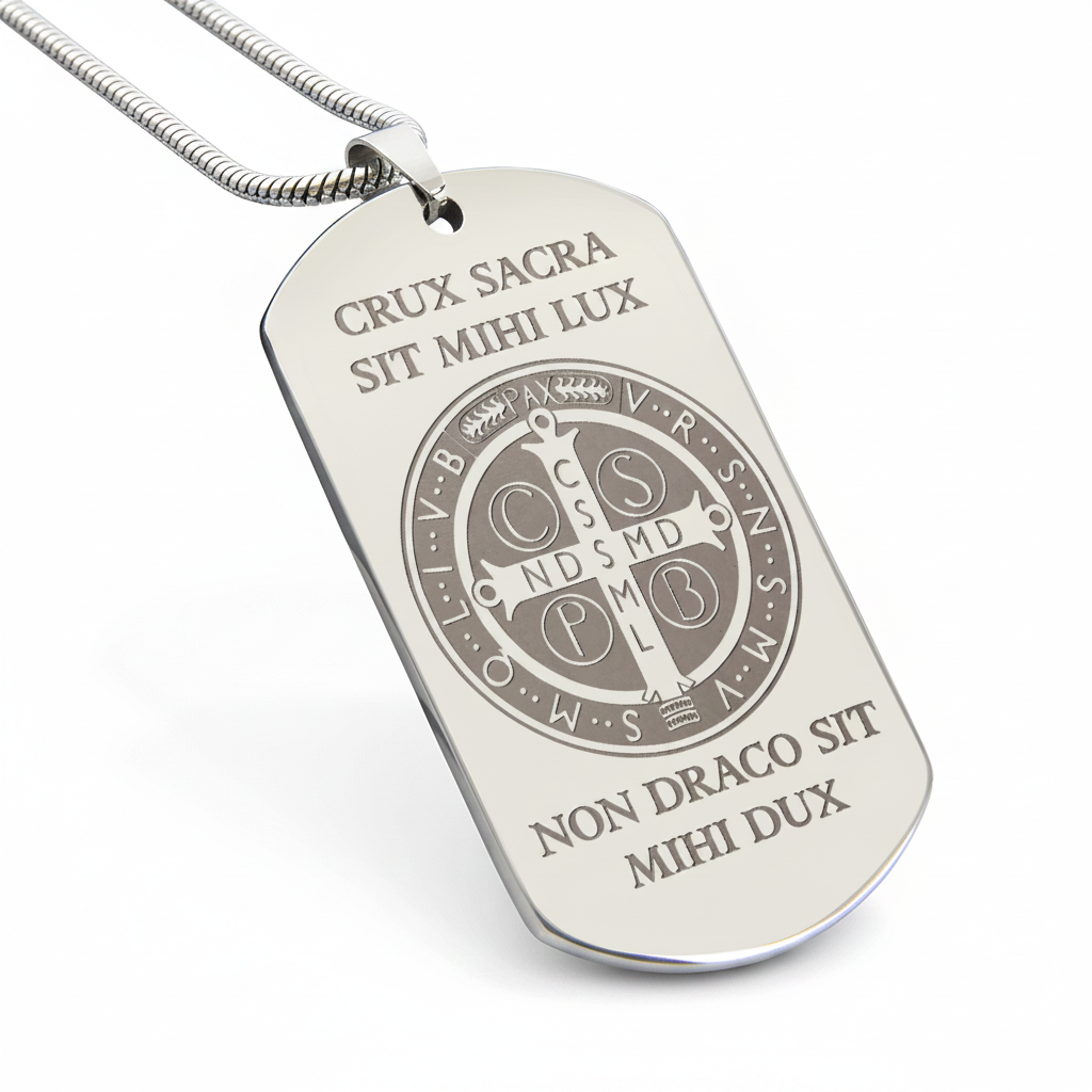 Saint Benedict Medal Tag Necklace with Personalized Custom Engraving
