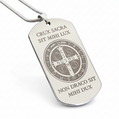 Saint Benedict Medal Tag Necklace with Personalized Custom Engraving