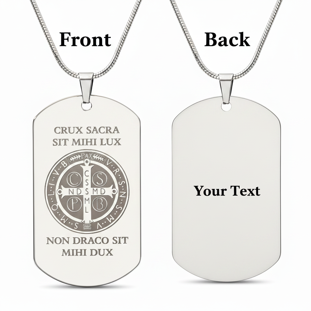 Saint Benedict Medal Tag Necklace with Personalized Custom Engraving