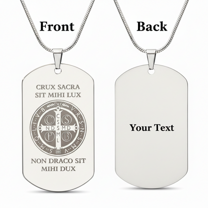 Saint Benedict Medal Tag Necklace with Personalized Custom Engraving