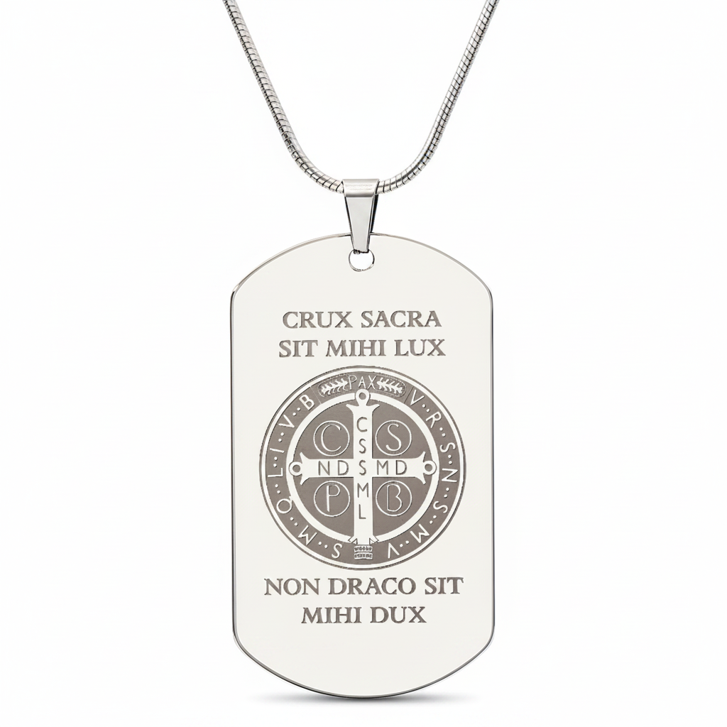 Saint Benedict Medal Tag Necklace with Personalized Custom Engraving