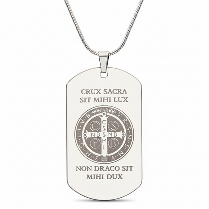 Saint Benedict Medal Tag Necklace with Personalized Custom Engraving