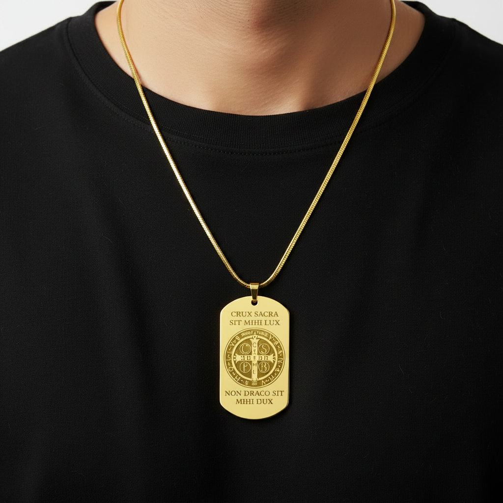 Saint Benedict Medal Tag Necklace with Personalized Custom Engraving