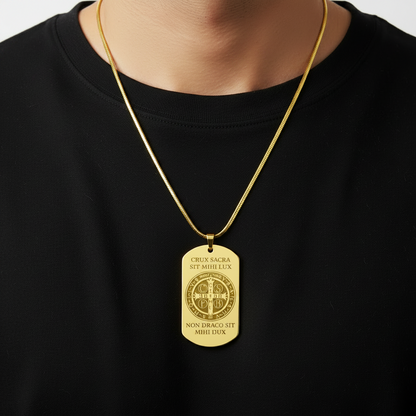Saint Benedict Medal Tag Necklace with Personalized Custom Engraving