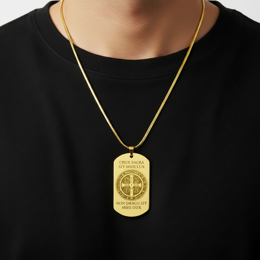 Saint Benedict Medal Tag Necklace with Personalized Custom Engraving