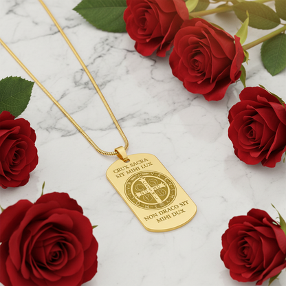 Saint Benedict Medal Tag Necklace with Personalized Custom Engraving