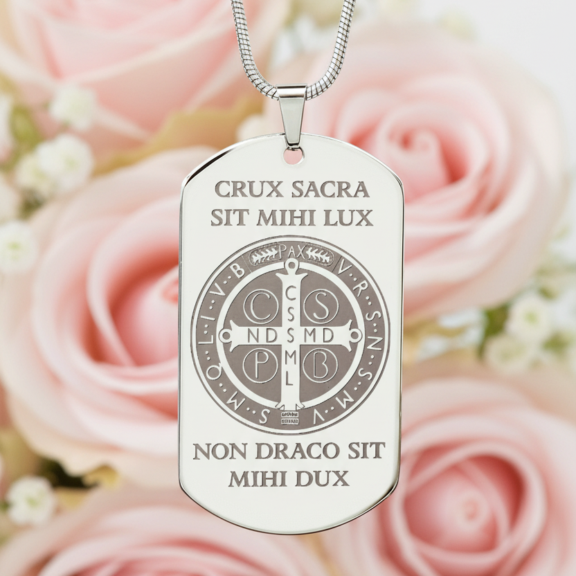 Saint Benedict Medal Tag Necklace with Personalized Custom Engraving