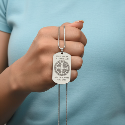 Saint Benedict Medal Tag Necklace with Personalized Custom Engraving