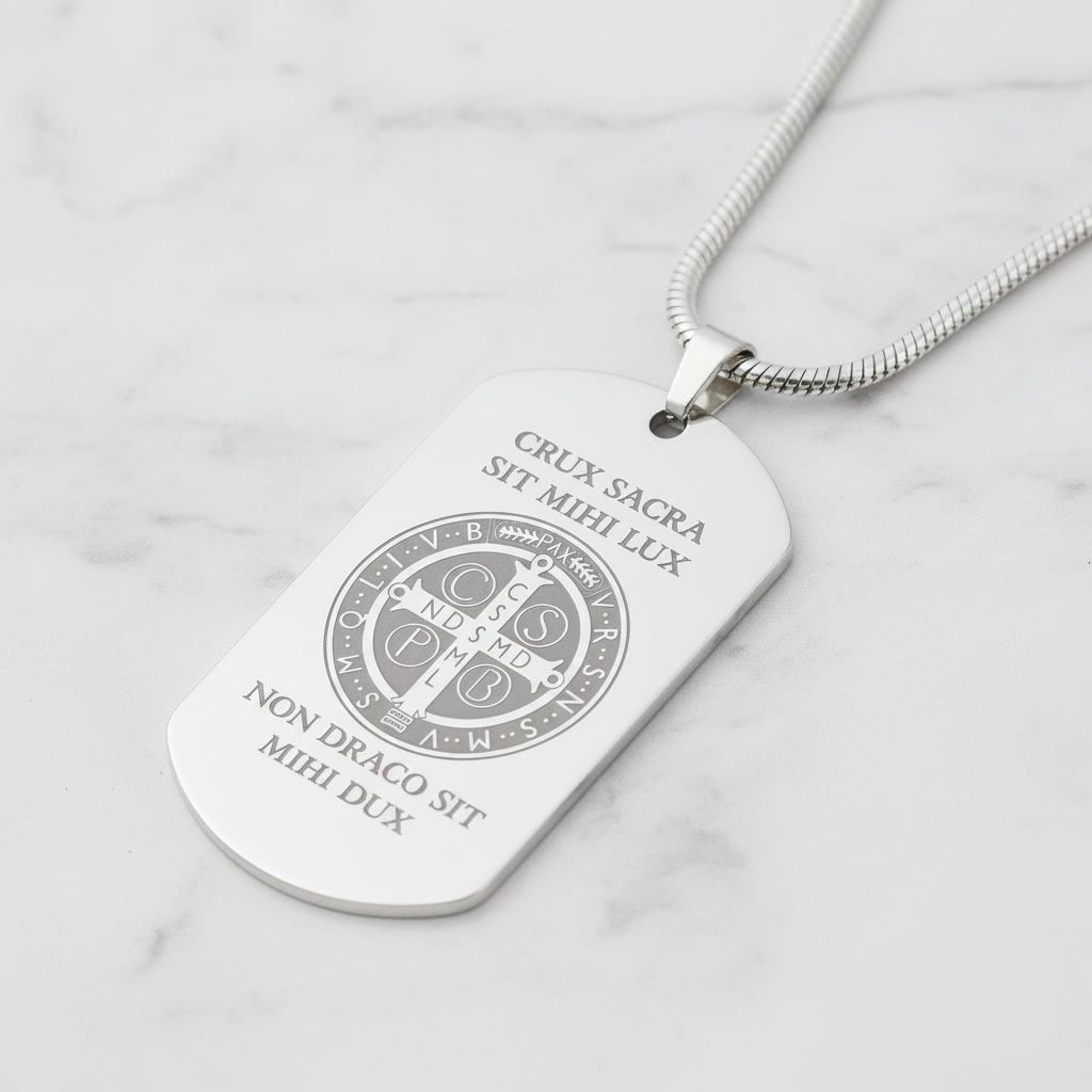 Saint Benedict Medal Tag Necklace with Personalized Custom Engraving