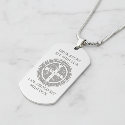 Saint Benedict Medal Tag Necklace with Personalized Custom Engraving