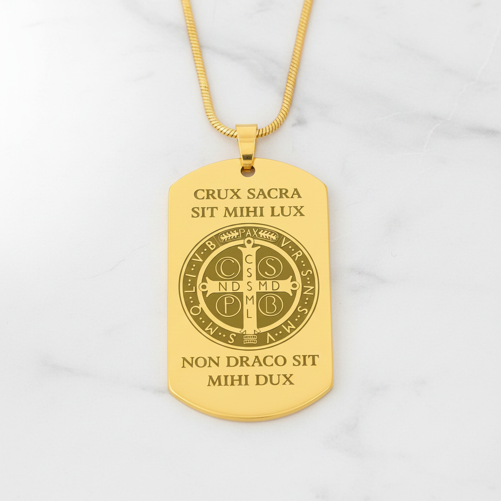 Saint Benedict Medal Tag Necklace with Personalized Custom Engraving