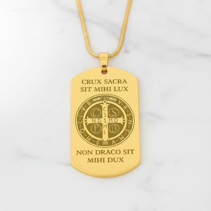 Saint Benedict Medal Tag Necklace with Personalized Custom Engraving