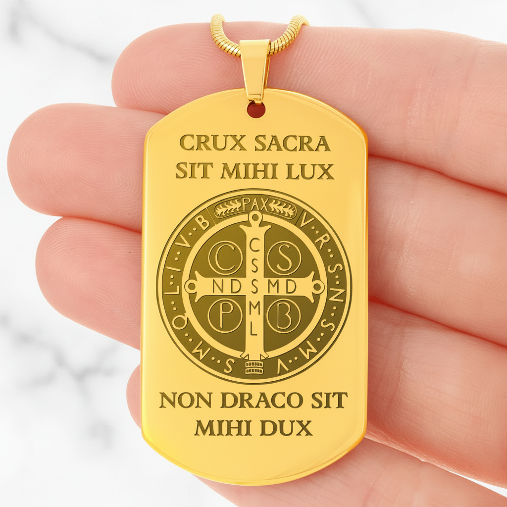 Saint Benedict Medal Tag Necklace with Personalized Custom Engraving