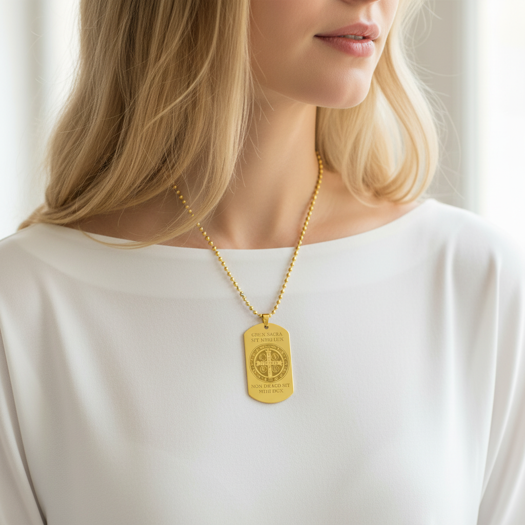 Saint Benedict Medal Tag Necklace with Personalized Engraving