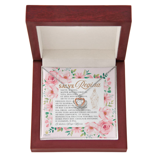 Collar con colgante de corona de Salve Regina en plata de ley con tarjeta de oración latina