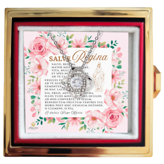 Collar con nudo de amor Salve Regina, rosa eterna y tarjeta de oración latina