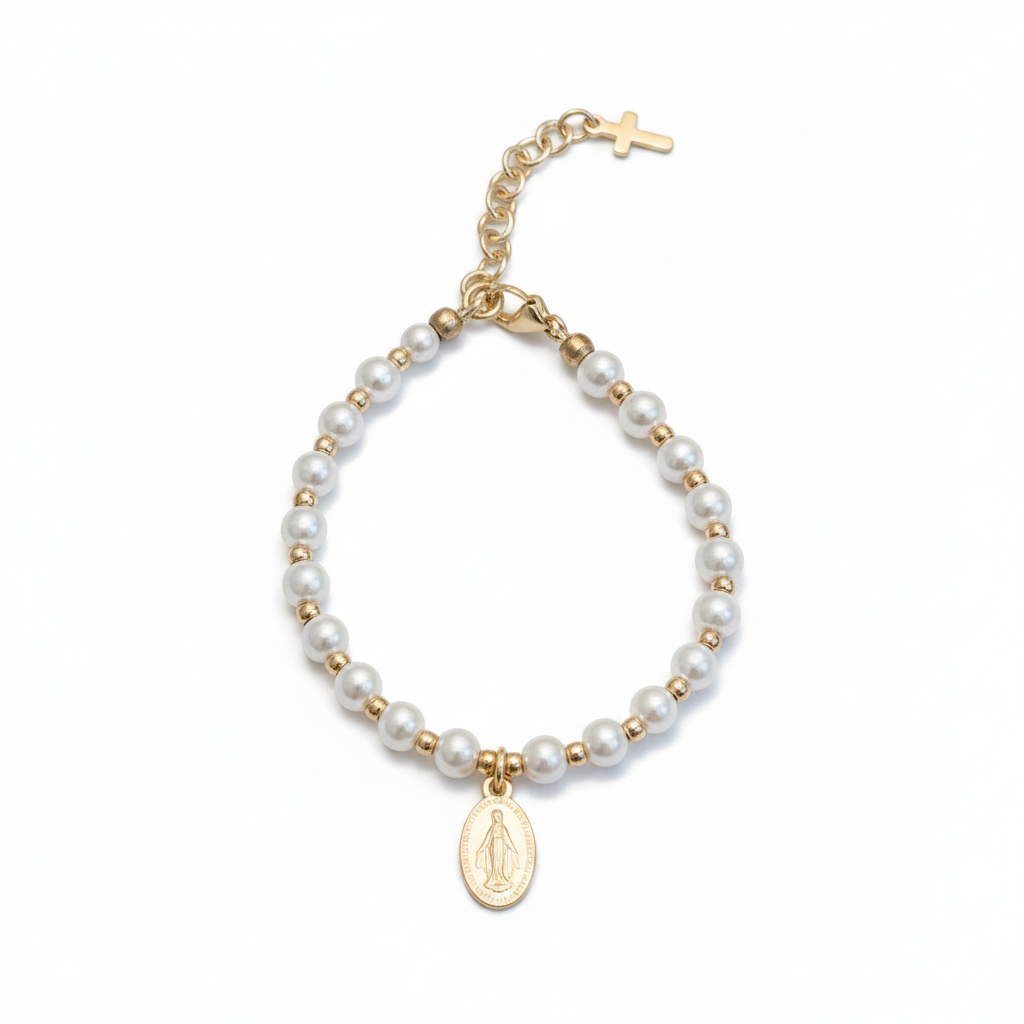 Women’s 5mm Pearl Bracelet with Gold Miraculous Medal