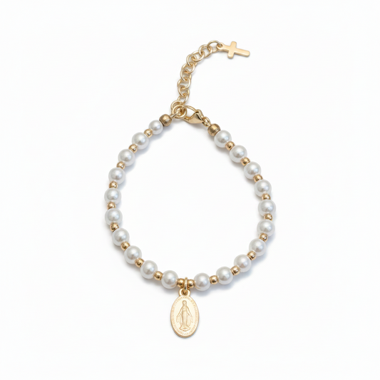 Women’s 5mm Pearl Bracelet with Gold Miraculous Medal